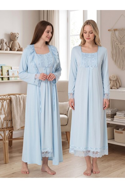 Lohusa Homewear New Season Blue Stylish Lace Detailed Design with Easy Breast...