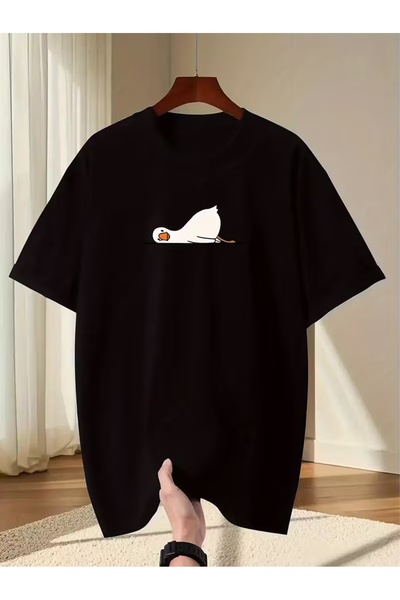 AEMİ Unisex Tired Duck Printed Oversize Crew Neck T-Shirt