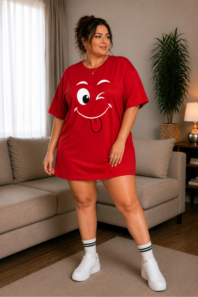 Rubonia Women's Plus Size Smiley Printed Cotton Single Jersey T-Shirt Dress –...