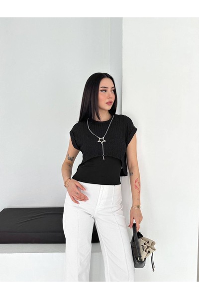 PIOVE Women's Textured Short Sleeve Two-Piece Look Crop Blouse – Black