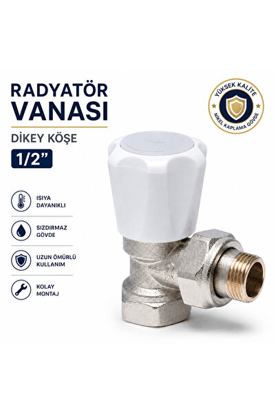 DESIPHON Pirinç Radyatör Vanası Dikey Köşe 1/2 İnç Beyaz Başlıklı Kalorifer P...