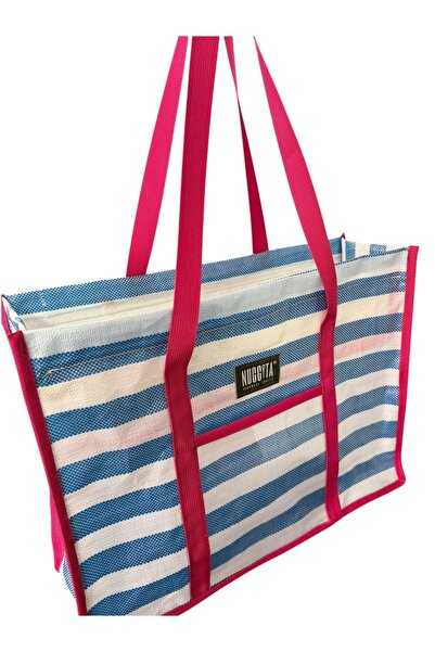 Nuggita Large Size Waterproof Pp Shoulder Bag - Blue-White Striped (with Fuch...