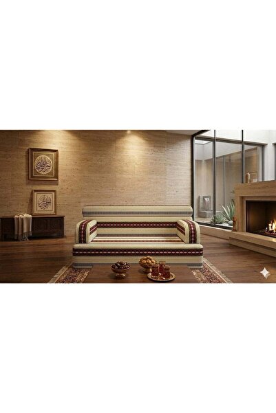 Xboat Traditional Arabic Majlis Sofa, Geometric Woven Pattern, Cream and Burg...