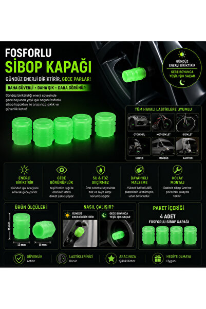 AŞIK STORE Fosforlu Yeşil Sibop Kapağı 4'lü Set Yeşil Işıklı Sibop Kapağı Oto...