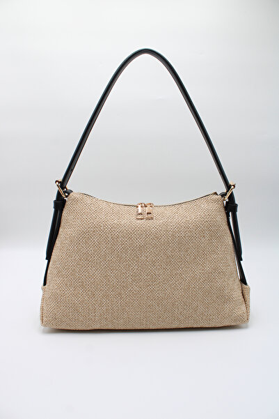 LASSO Women's Straw Belt Strap Suede Zippered Faux Leather Hand and Shoulder Bag