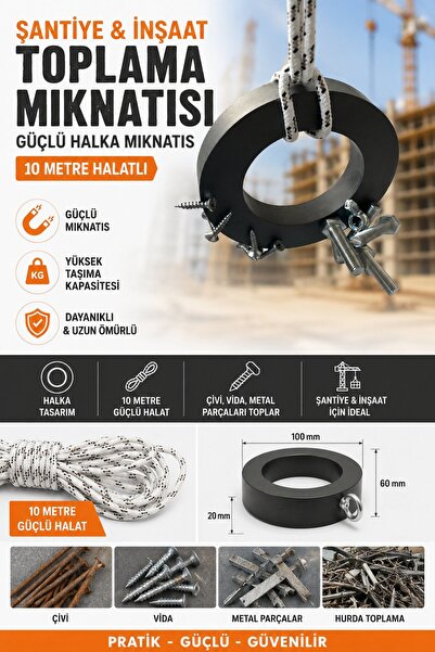 Dünya Magnet Şantiye Çivi Vida Toplama Mıknatısı 100x60x20 mm 10 Metre Halatl...