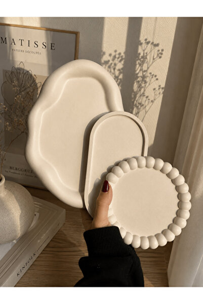 Dezora Home 3'lü Taş Tozu Dekoratif Tepsi Seti – Organik Form, Oval ve Boncuk...