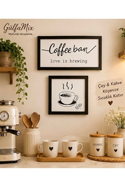 Gülfa Giftbox Coffee Bar Mutfak Dekor Tablo Seti | Çay & Kahve Köşesi Ahşap Ç...