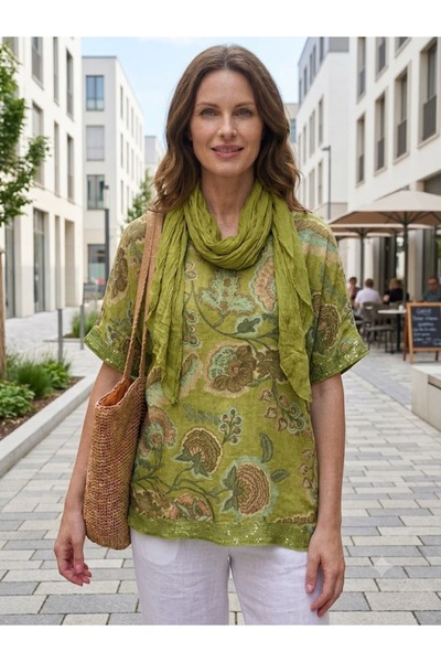 AYASOFYA OTANTIK Women's Italian Sprout Flower Patterned Loose Blouse with Se...