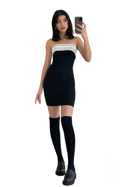 MQ Sleeveless Mini Dress with Elegant Design in Black × White. Turkish Produc...