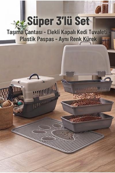 Petozi Elekli Kedi Tuvaleti Başlangıç Setİ (Tuvalet+Taşıma+Paspas) Gri