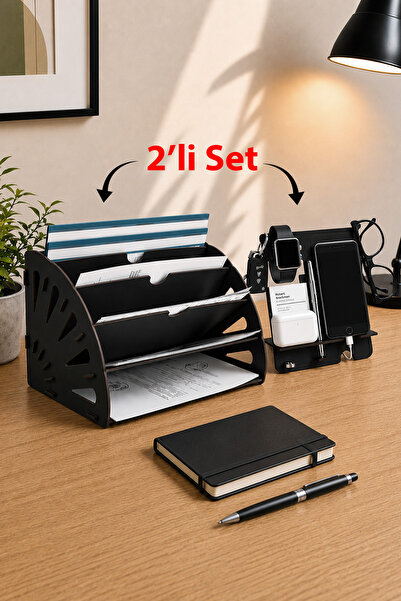Mingitav Quarter Desktop Organizer and Phone Stand Set of 2 – Wooden File Org...