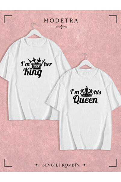 Modetra تي شيرت كبير الحجم للرجال والنساء بتصميم King Queen مطبوع من الأمام، ...