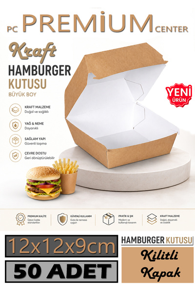 Pc Premium Center Kraft Kilitli Kapak Hamburger Kutusu 12x12x9 cm – 50 Adet (...