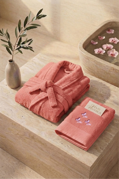 VENTİ VENTİSCA Venti 100% Cotton Soft 2-Piece Bathrobe Towel Set with Embroid...
