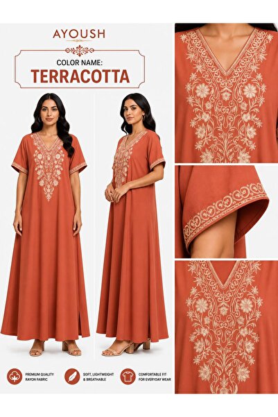 AYOUSH Women's Long Embroidered Robe, Soft and Light Meray Cotton, Comfortabl...