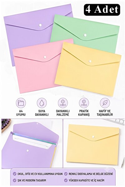 Artlantis Çıtçıtlı Dosya 4 Renk Pastel A4 1 Paket Dosy Plastik Renkli Zarf Do...