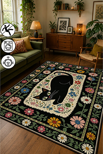blcmoda Floral Kedi Desenli Baskılı Kaymaz Yıkanabilir Robot Süpürgeye Uygun ...