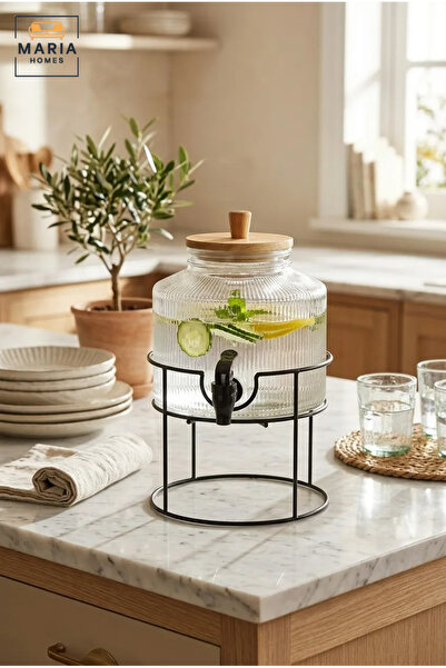 MARIA HOMES Glass Beverage Dispenser with Tap, Wooden Lid and Metal Stand, Dr...