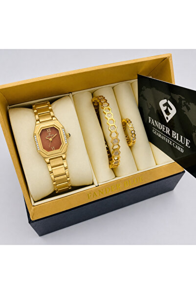 FANDER BLUE Fender Blue Women's Premium 3-Piece Set – All Gold with Brown Dial