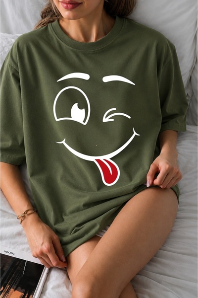 ZAVIXO Women's Oversize Emoji Printed 100% Cotton T-Shirt – Burgundy Unisex B...