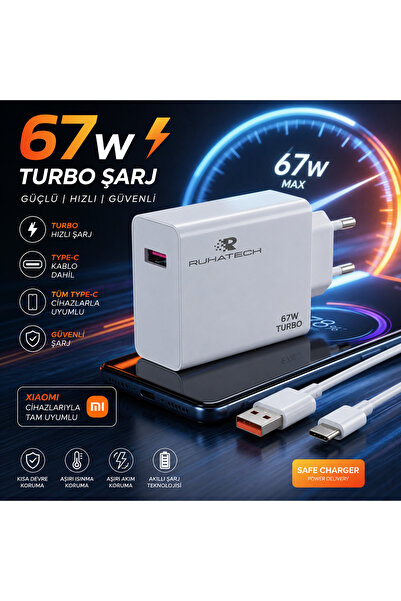 VDT STORE Ruhatech 67W Turbo Hızlı Şarj Aleti USB-A Type-C Kablolu Adaptör Xi...
