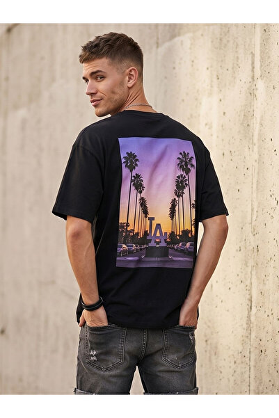 Flubutik Ανδρικό μπλουζάκι μαύρο LA Tropical Print Detail από οργανικό βαμβάκ...