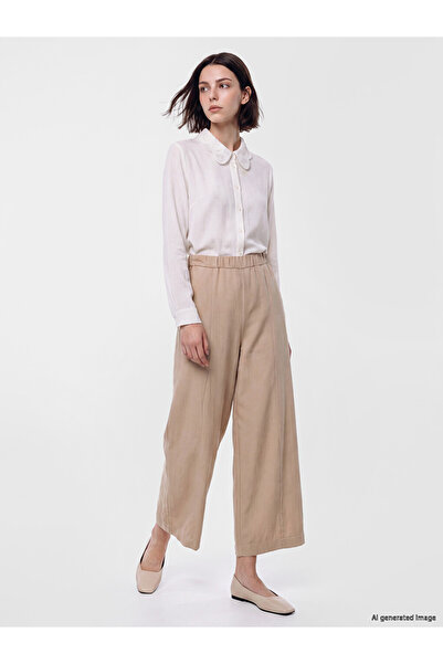 LC Waikiki Beige Elastic Waist Wide Leg Women's Trousers