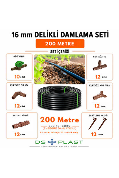 200 Metre 16 mm Kendinden Delikli Damla Sulama Seti — 25 cm Aralık - 4lt/h Debi - 1,0 mm Et kalınlığı