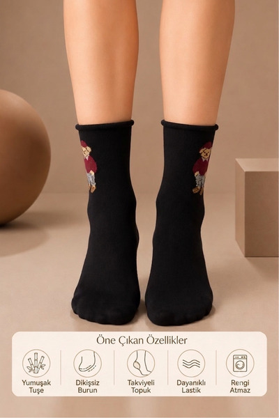 AYQAANDCO Unisex Bambu Ayıcık Desenli Siyah Soket Çorap