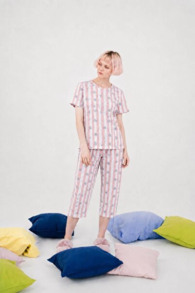 MODABOX 100% Cotton Combed Cotton Capri Pajama Set Short Sleeve T-Shirt and C...