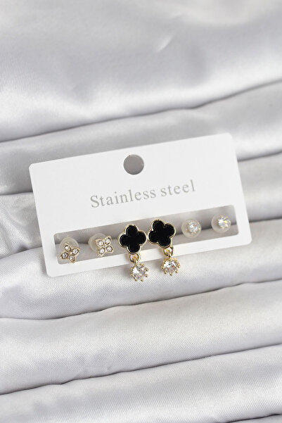 Mega Bazaar 316L Steel Gold Color Clover Detailed Women's Earring Set
