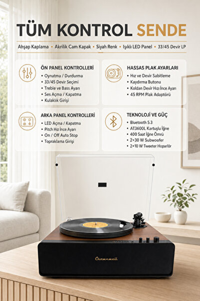 crownwell Vegas Plus Bluetooth 5.3 Pikap Plak Çalar 33/45 Devir AT3600L İğnel...