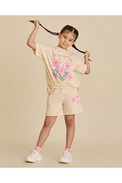 REDTAG Girls Light Yellow T-Shirt And Terry Shorts Set