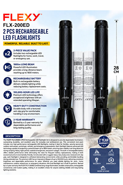 flexy 2 PCS Rechargeable LED Flashlights with 1800m Long Range & 2-Year