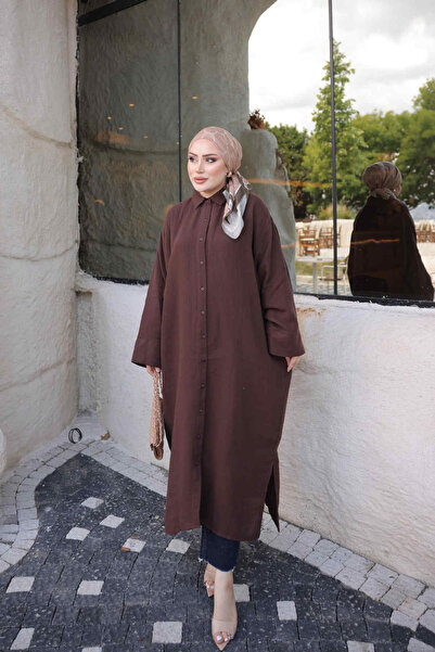 İmajButik Кафява дълга муселинова туника с ръкави тип прилеп