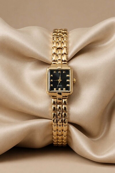 GANYMET Cantien Women's Wristwatch Gold Square Case Black Dial – Steel Bracel...