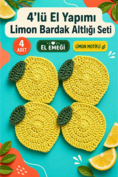 Amore De Fiori El Yapımı 4’lü Limon Motifli Örgü Bardak Altlığı Seti – Sarı Y...