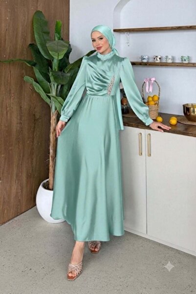 Şule Giyim Stoned Satin Evening Dress Mint