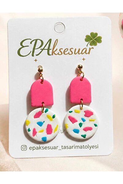 EPAksesuar Renkli Konfeti Pembe El Yapımı Polimer Kil Küpe