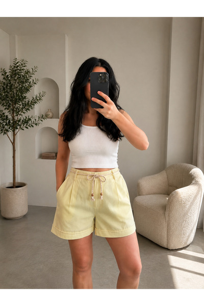 Perry Boutique شورت نسائي قصير من الكتان مريح للصيف مع حزام من القش