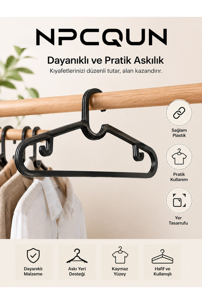 NPCQUN 10'lu Siyah Plastik Elbise Askılığı Kaymaz Çentikli Dayanıklı Giysi Askısı