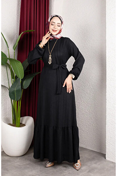 sefamerve Bürümcük Fabric Striped Belted Hijab Dress 0908-06 Black