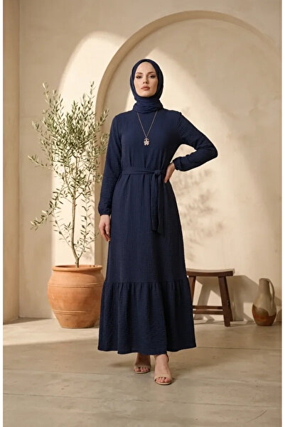 sefamerve Bubble Fabric Necklace Detailed Belted Hijab Dress 0575-03 Navy Blue