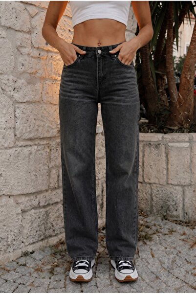 BİKELİFE Women's Vintage Effect High Waist Stretchy Wide Leg Jeans