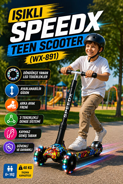 OpenCity Siyah Tekerlekli Işıklı SpeedX Teen Scooter WX-891 3 Tekerlekli Ayar...
