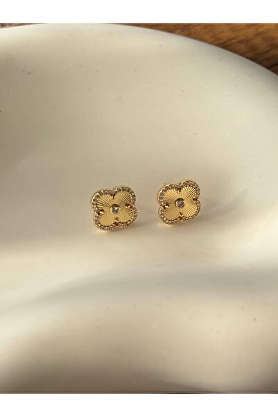 Alveole Jewelry Zirkon Taş Çerçeveli Işıltılı Yonca Küpe