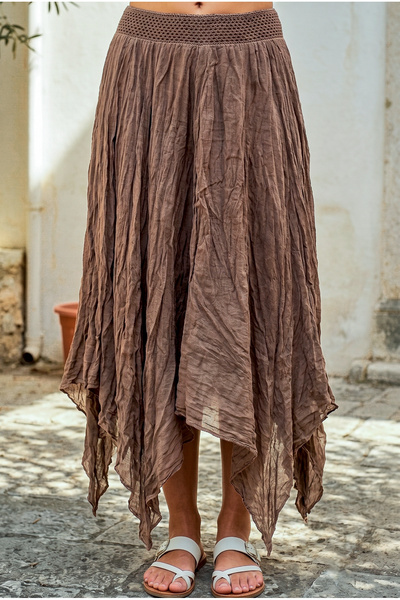 Chiccy Light Brown Lined Fringed Cut Elastic Waist Casual Wrinkled Long Woven...