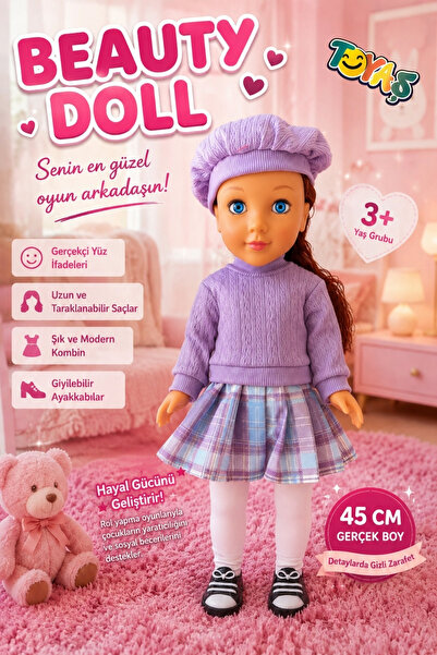Toyaş Beauty Doll 45 cm Gerçekçi Et Bebek Uzun Saçlı Hareketli Kollu ve Bacak...