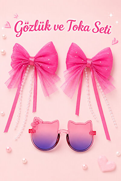 morbella Girl's Fuchsia Cat Eye Glasses and Pearl and Stone Big Bow 2-Piece B...